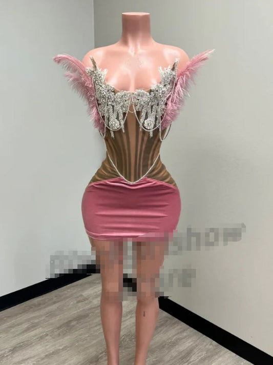 Luxury Peach Pink Short Cocktail Party Dress Sexy Bustier Diamante Beaded Feather Mini Dress