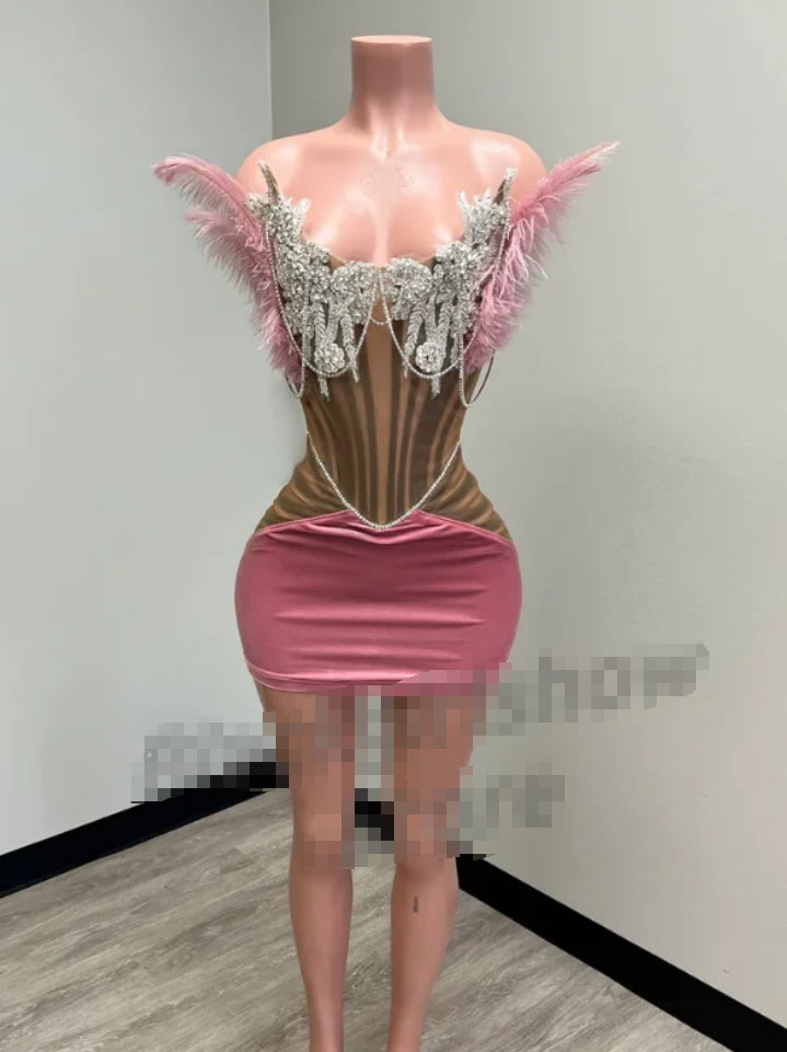 Luxury Peach Pink Short Cocktail Party Dress Sexy Bustier Diamante Beaded Feather Mini Dress