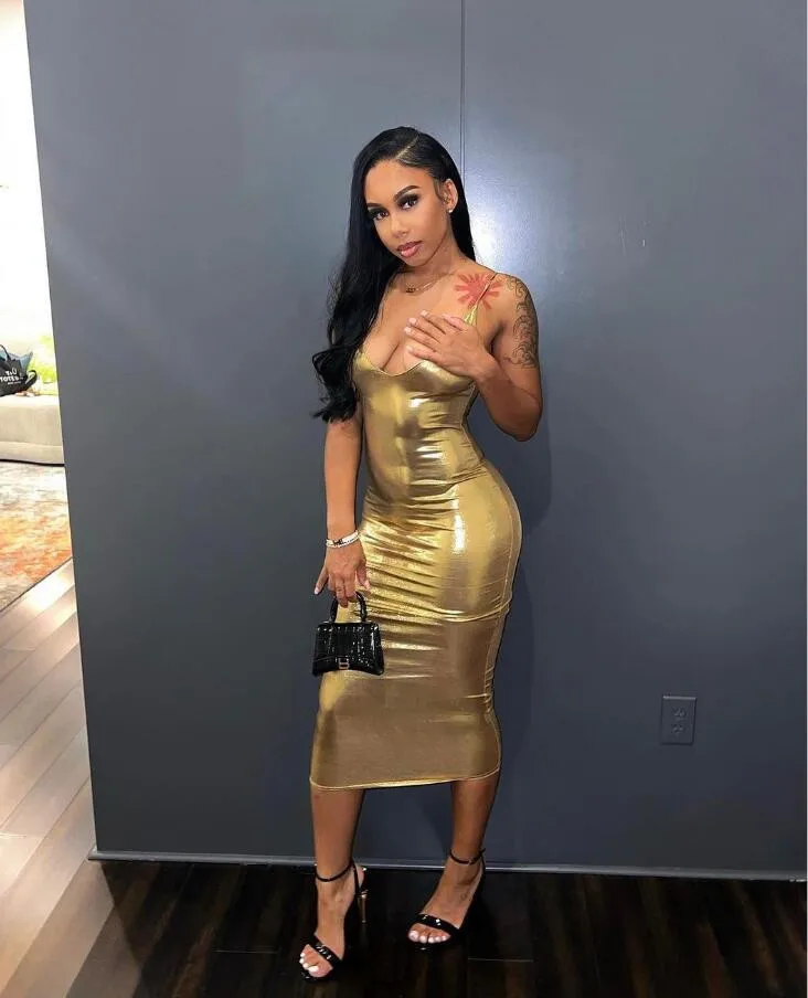 Birthday girl in Gold Liquid Prom Party Dresses Sexy Backless Spaghetti Tea-length Trumet Evening Formal Gown