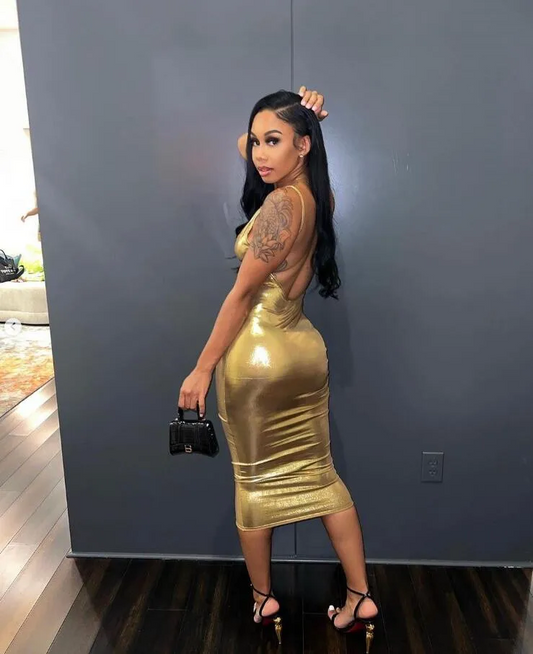 Birthday girl in Gold Liquid Prom Party Dresses Sexy Backless Spaghetti Tea-length Trumet Evening Formal Gown