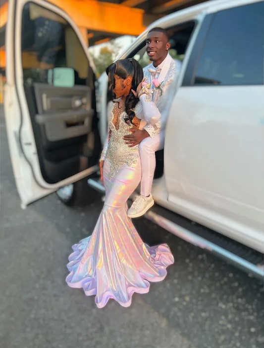 Pale Pink Long Sleeve Trumpet Evening Birthday Dresses for Black Girl Sparkly Luxury Diamond Crystal Prom Party Gala Dress