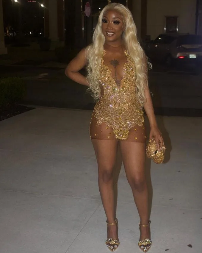 Gold Sparkly Mini Cocktail Ceremony Dresses for Black Girl Luxury Diamond Crystal Birthday Party Gown Dress Sheer Mesh