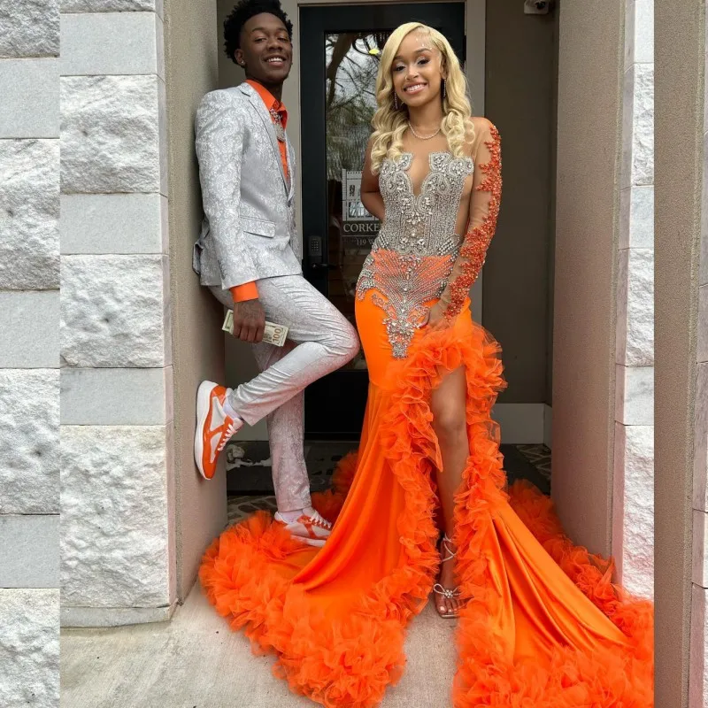 Luxury Split Orange Prom Dresses Black Girl Beading African Women Pageant Party Gowns One Shoulder