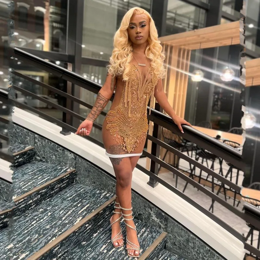 Sexy See Through Diamond Prom Dresses Rhinestone Mermaid Party Gowns For Women Sheer Neck Evening Dress