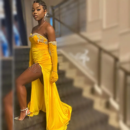 Yellow Prom Dresses For Black Girls Velvet Mermaid Party Gown Beading Evening Dress With Golves