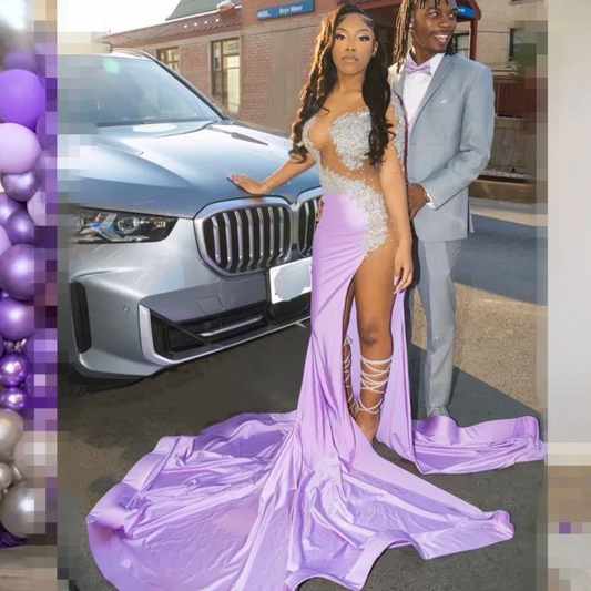 Lilac Prom Dresses Long Sleeve Lace Applique Black Girls Party Gowns African Women Mermaid Split Evening Dress