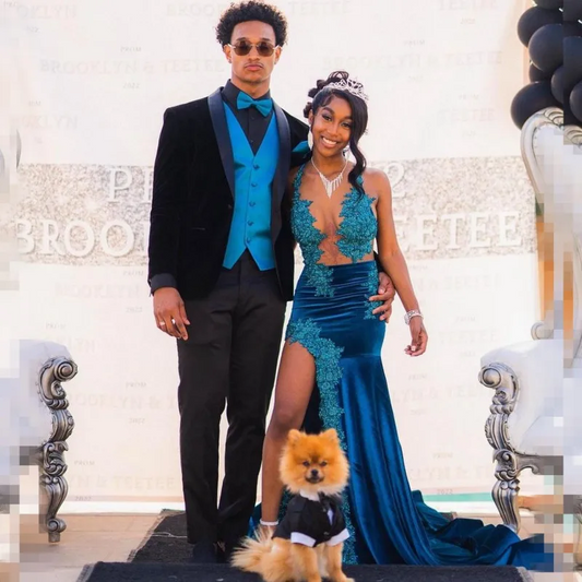 Turquoise Prom Dresses For Black Girl Sheer Neck Mermaid Party Gowns With Golve See Through Velvet