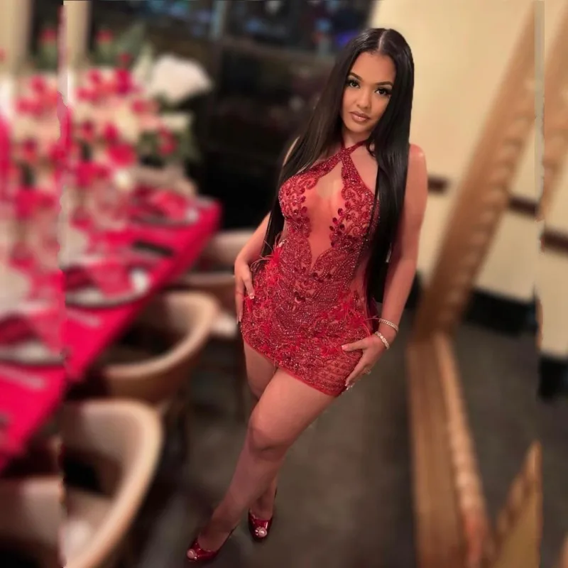 Luxury Rhinestone Short Prom Dresses Halter Beading Birthday Party Gowns Women See Through Evening Dress