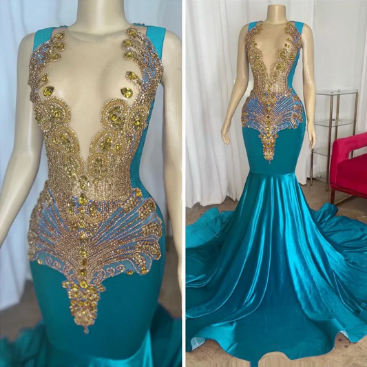Elegant Turquoise Prom Dresses For Black Girls Rhinestone Velvet Mermaid Party Gowns Evening Dress
