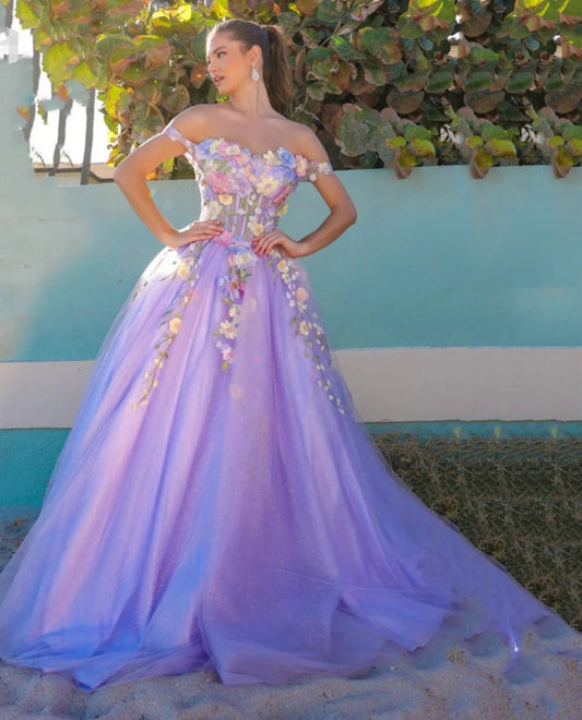 Spring Off Shoulder Ball Gown Flower Lace Evening Dress Baby Blue Corset Maxi Prom Dress