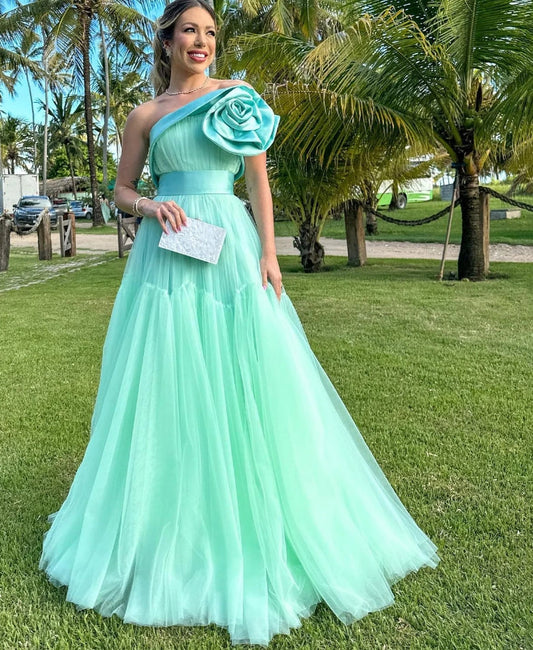 Mint Green Tulle A Line Prom Dresses One Shoulder 3D Flowers Formal Party Evening Dress Women Wedding Photography