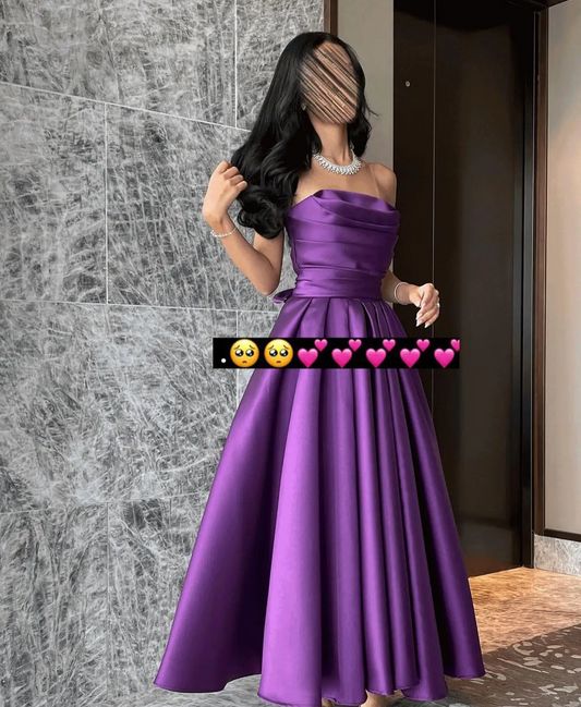 Elegant Off the Shoulder Evening Dress with Tiered Ruched A-Line Tea Length Satin Prom Dress High Quality