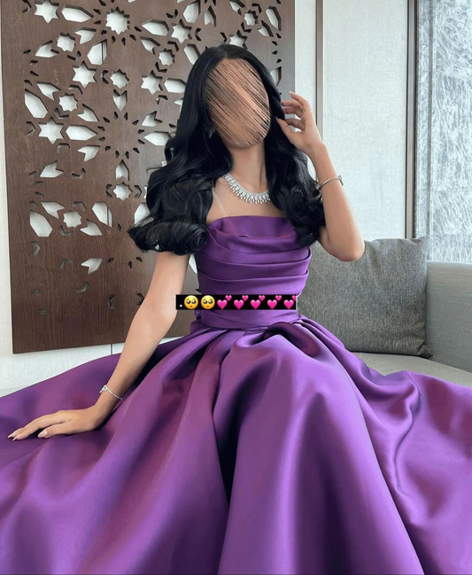 Elegant Off the Shoulder Evening Dress with Tiered Ruched A-Line Tea Length Satin Prom Dress High Quality