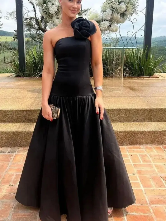 Classy Long Black One Shoulder Satin Prom Dress With Flower A-Line Sleeveless Evening Dresses for Women Pleated Party Gown