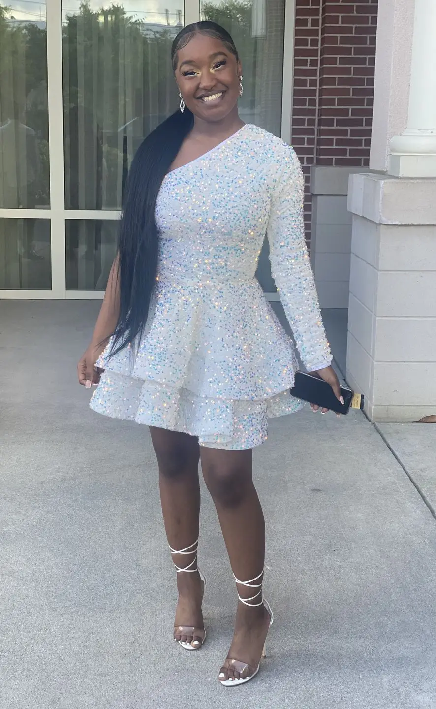 Sparkly Short Homecoming Dresses for Teens Hot One Shoulder Long Sleeve Tiered Mini Cocktail Party Gown