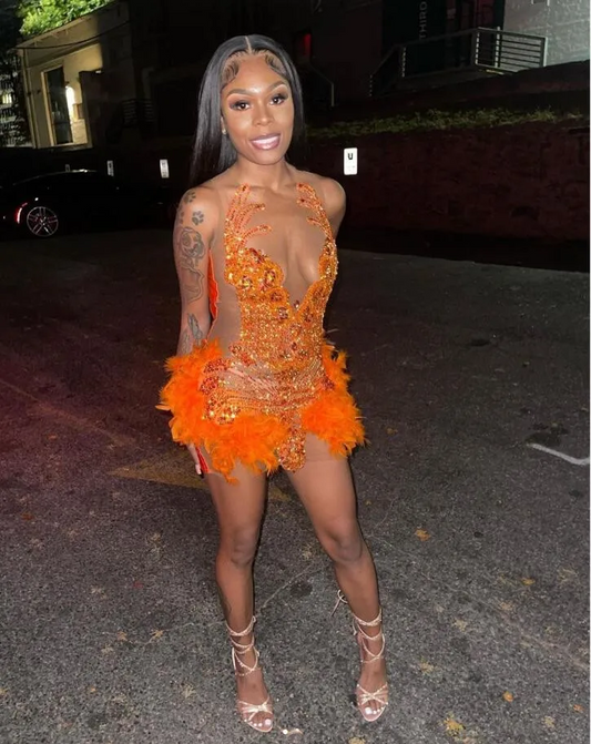 Orange Sparkly Short Prom Homecoming Dresses for Black Girl Sheer Mesh Luxury Diamond Feather Evening Birthday Gala Gown