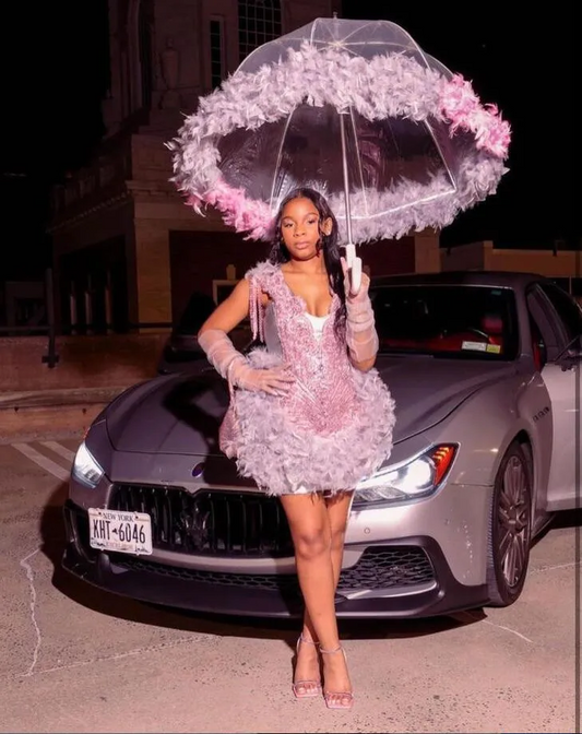 Pink Luxury Crystal Feather Birthday Homecoming Gown