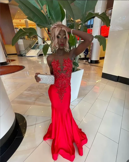 Bright Red Homecoming Dresses Black Girls Beaded Applique Glitter Birthday Party Dresses Long Sequin Dresses