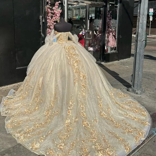 Champagne Quinceanera Dresses With 3D Floral Applique Beading lace-up prom Sweet 16 dress