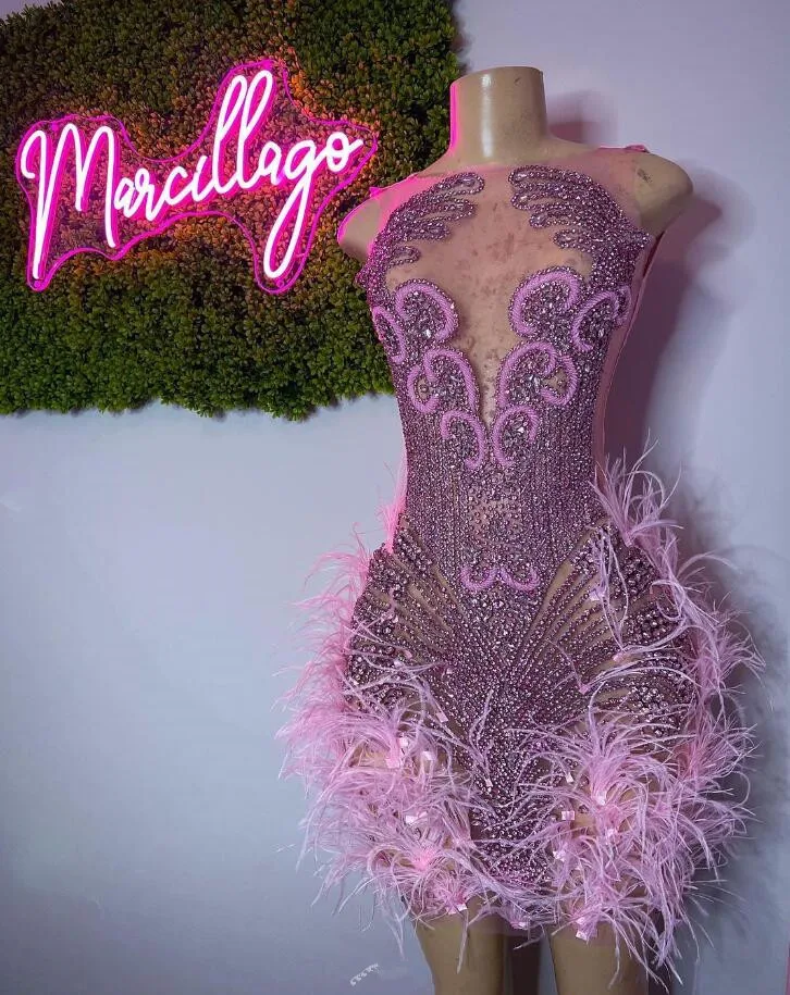 Pink Sparkly Short Prom Homecoming Dresses Luxury Crystal Feather Sheer Mesh Black Girl Birthday Cocktail Gala Gown
