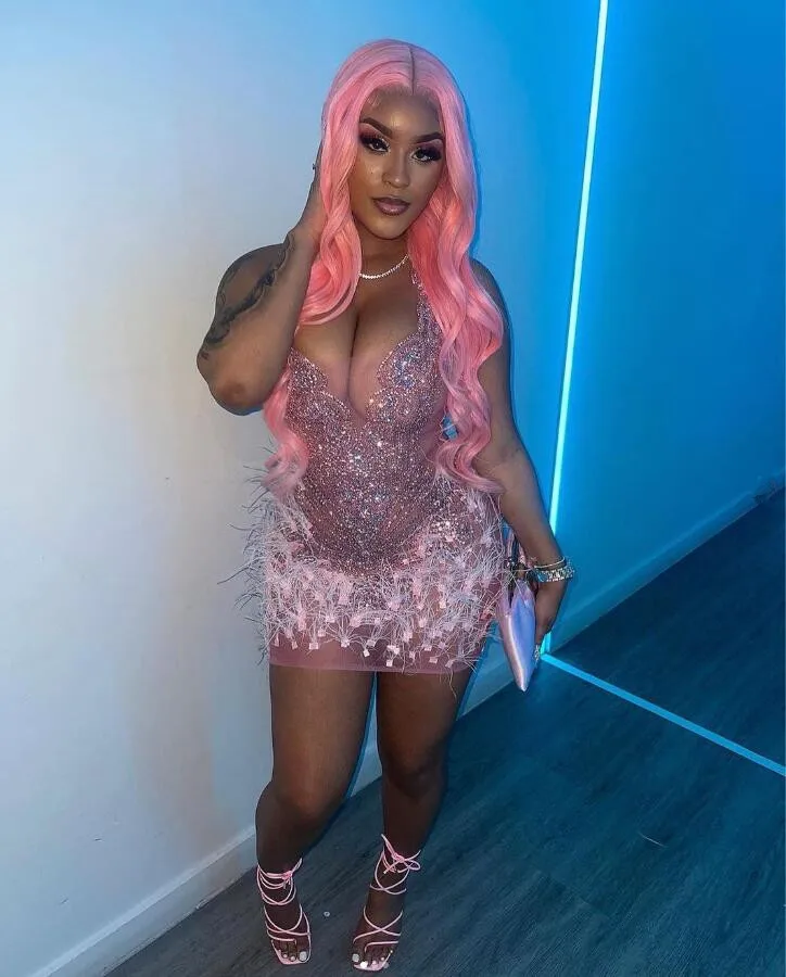 Pink Sparkly Short Prom Homecoming Dresses Luxury Crystal Feather Sheer Mesh Black Girl Birthday Cocktail Gala Gown