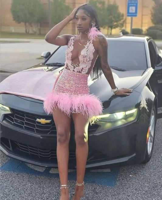 Luxury Short Pink Prom Homecoming Dress with Train Applique Crystal Black Girl Birthday Celebrity Gown