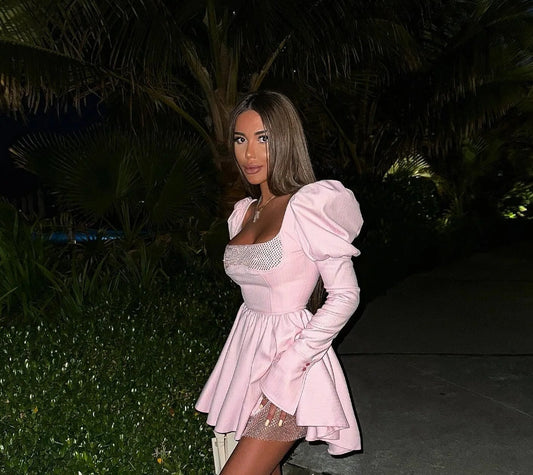 Pink Homecoming Dress Girl Long Sleeves Prom Dress Square Neck Mini Evening Party Dress