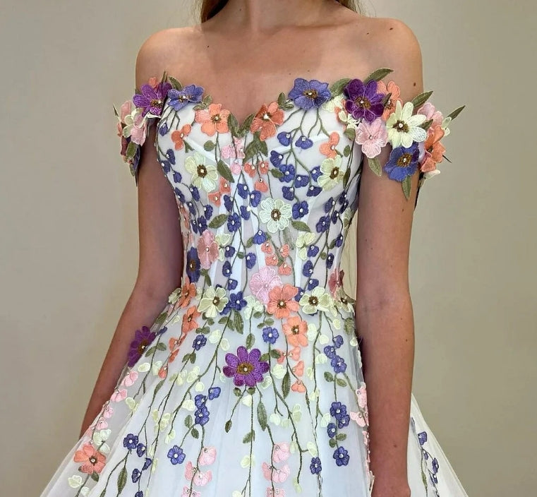 Off The Shoulder Wedding Dress Vestido De Novia Flower Lace Evening Dress White Corset Back Prom Dress With Appliques