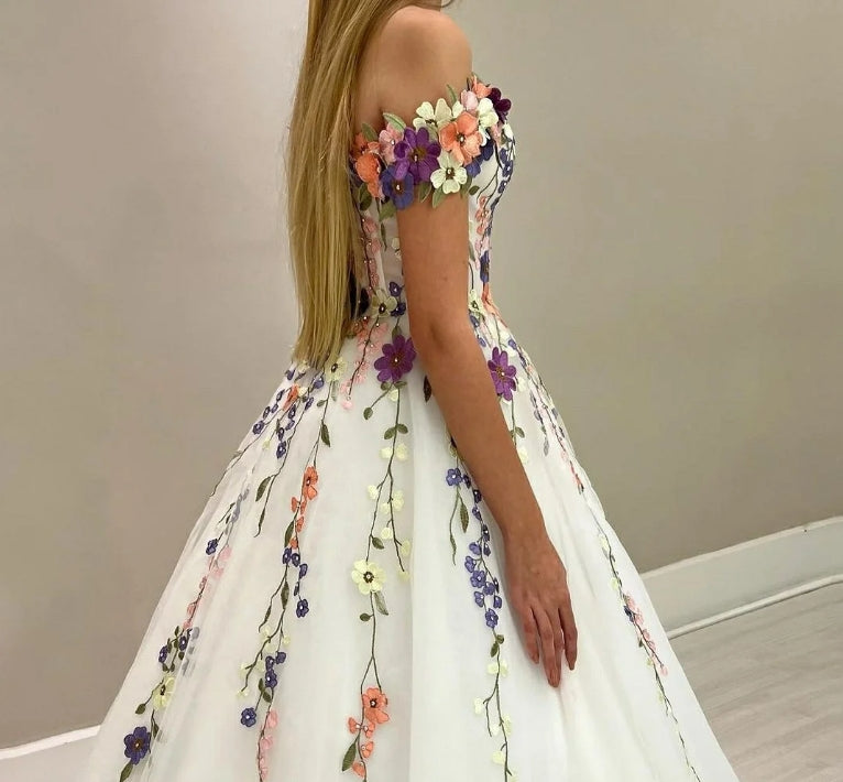 Off The Shoulder Wedding Dress Vestido De Novia Flower Lace Evening Dress White Corset Back Prom Dress With Appliques