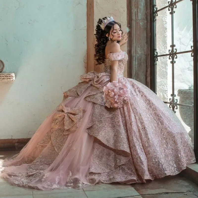 Pink Girl Flower Dress Tulle Appliques Flowers Bow Off Shoulder Sweet 15 16 Years Birthday Party Formal Dresses