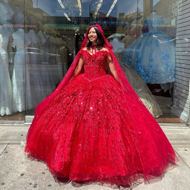 Red Quinceanera Dresses Ball Gown Sweet 16 Dress With Cape Applique 3DFlower Pageant