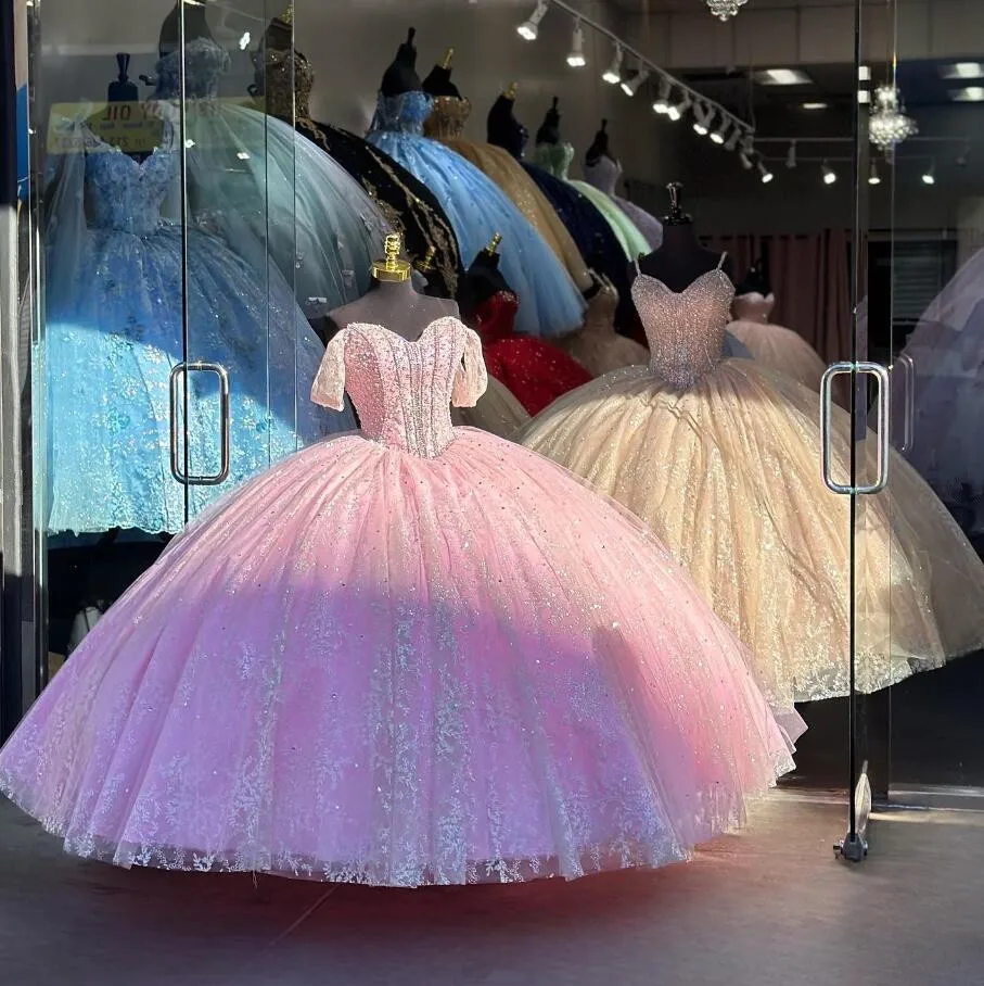 Pink Sparkly Diamonds Quinceanera Dresses Off Shoulder Puffy Skirt Big Bow Princess Sweet 15