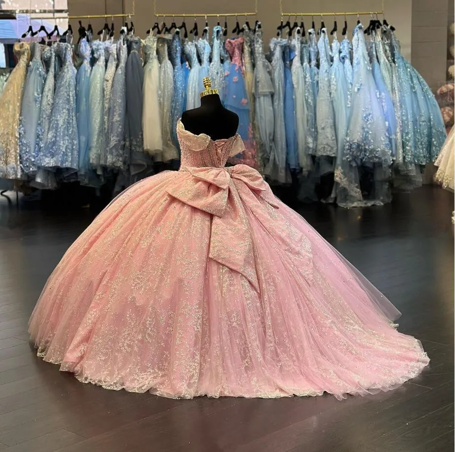 Pink Sparkly Diamonds Quinceanera Dresses Off Shoulder Puffy Skirt Big Bow Princess Sweet 15
