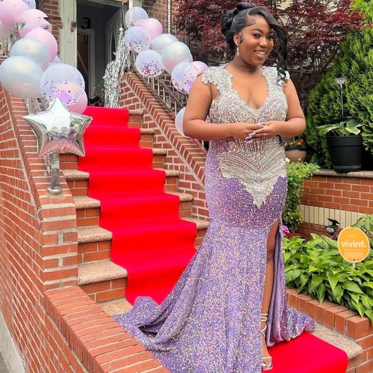 Glitter Purple Sequins Prom Dress For Black Girls High Slit Silver Crystal Beaded Party Gown