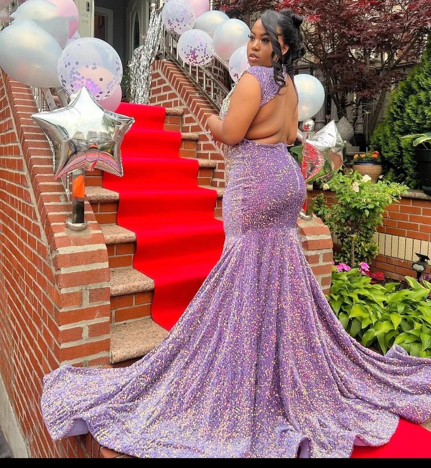 Glitter Purple Sequins Prom Dress For Black Girls High Slit Silver Crystal Beaded Party Gown