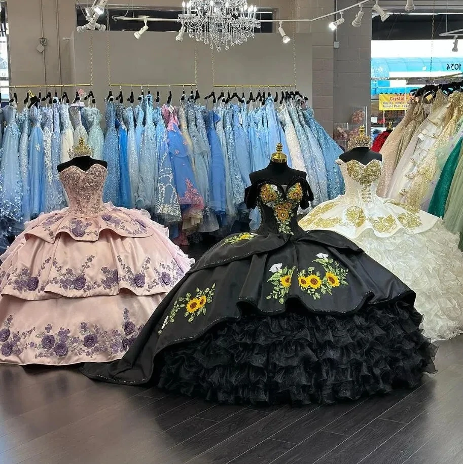 Black Charro Queen Quinceanera Dresses Off Shoulder Sunflower Embroidery Chapel Train Sweet 15