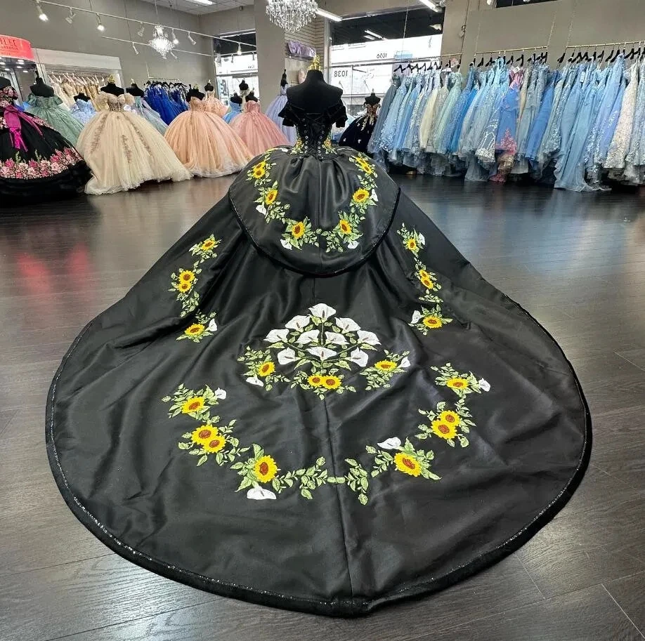 Black Charro Queen Quinceanera Dresses Off Shoulder Sunflower Embroidery Chapel Train Sweet 15