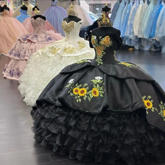 Black Charro Queen Quinceanera Dresses Off Shoulder Sunflower Embroidery Chapel Train Sweet 15