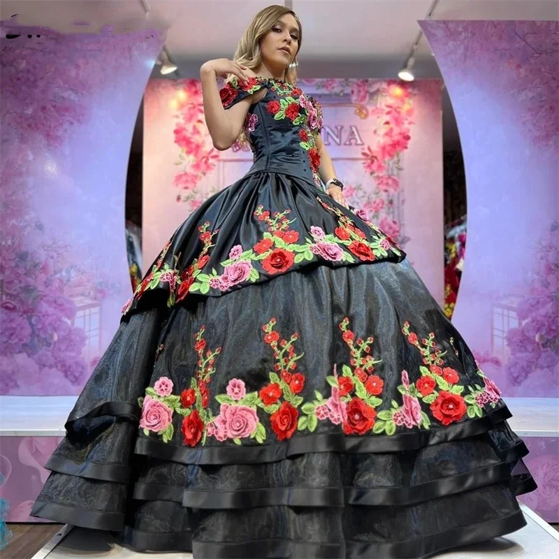 Luxury Mexican 3D Flower Embroidery Quinceanera Dresses Off The Shoulder Lace Princess Sweet 16 Dress