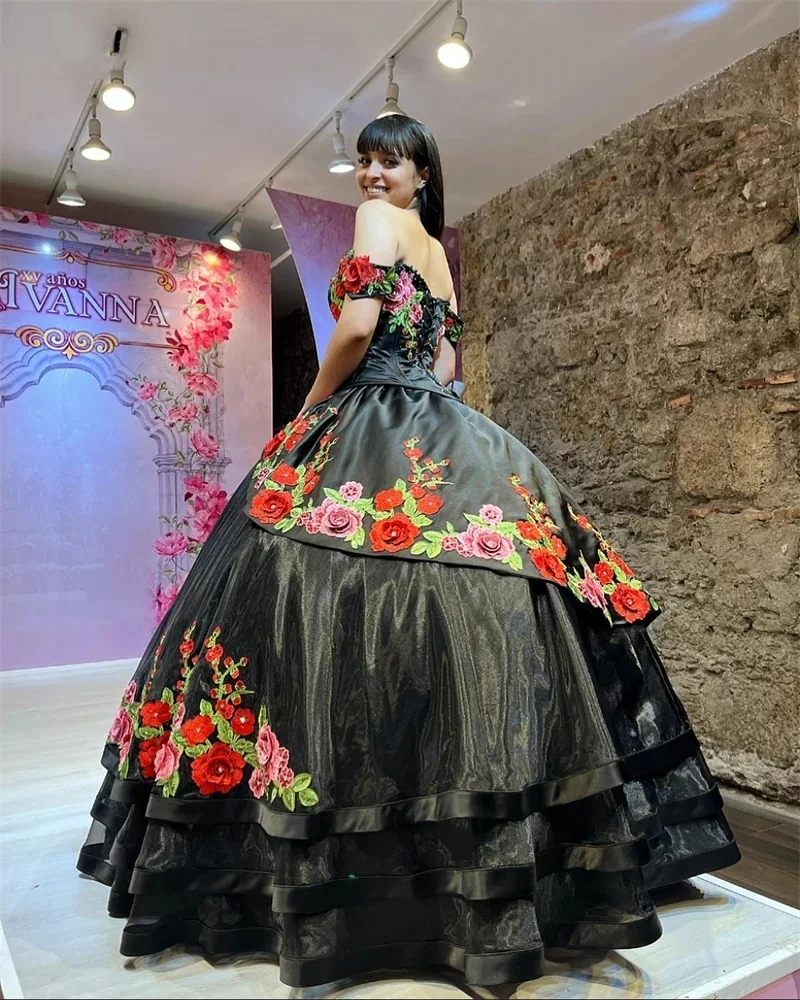 Luxury Mexican 3D Flower Embroidery Quinceanera Dresses Off The Shoulder Lace Princess Sweet 16 Dress