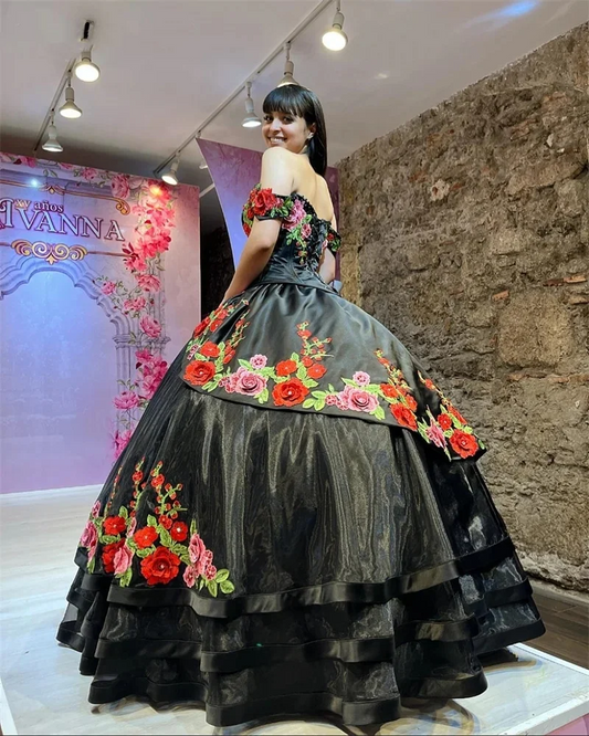 Luxury Mexican 3D Flower Embroidery Quinceanera Dresses Off The Shoulder Lace Princess Sweet 16 Dress