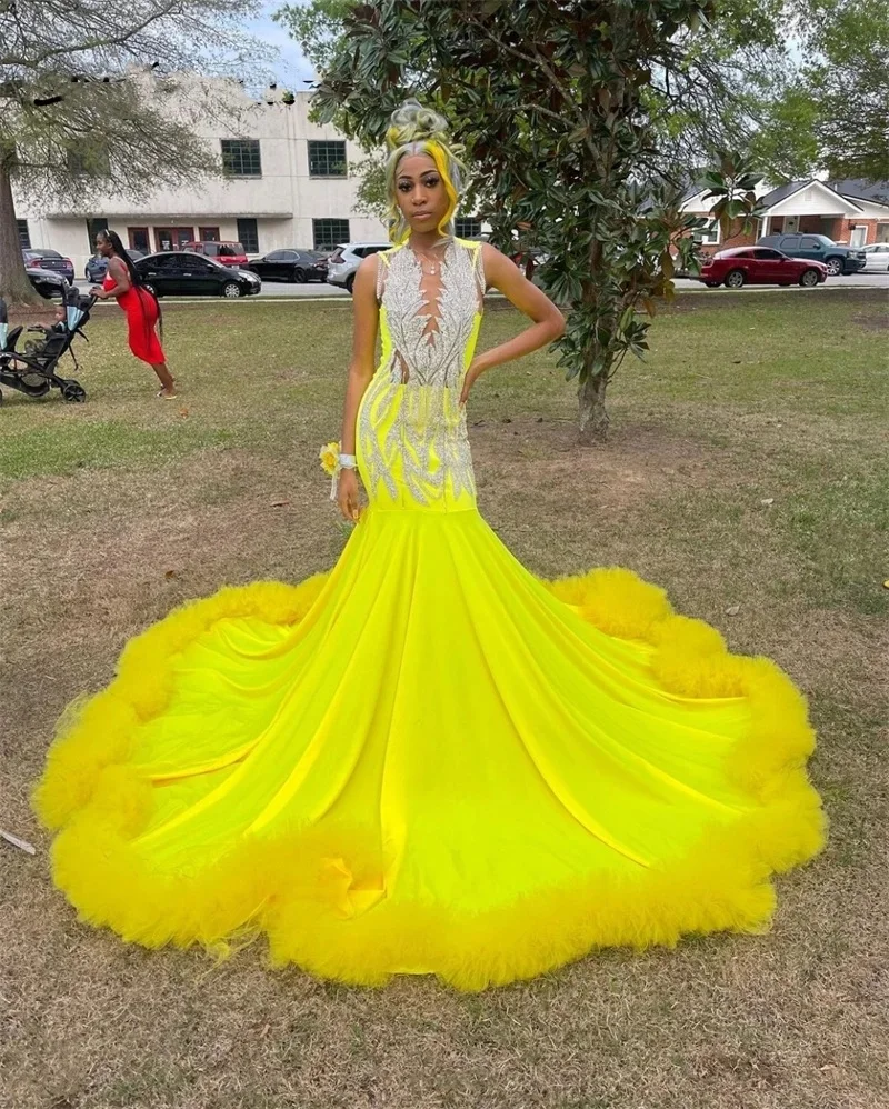 Yellow Satin Long Prom Dress For Black Girls Beading Sequins Lace Ruffles Birthday Party Evening Birthday Party Gown