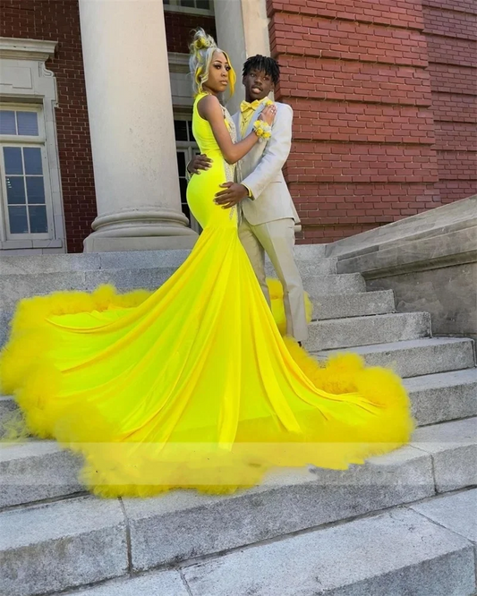 Yellow Satin Long Prom Dress For Black Girls Beading Sequins Lace Ruffles Birthday Party Evening Birthday Party Gown