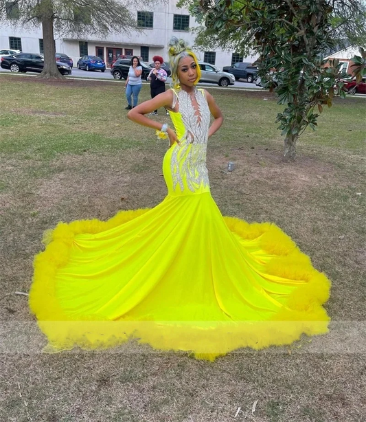 Yellow Satin Long Prom Dress For Black Girls Beading Sequins Lace Ruffles Birthday Party Evening Birthday Party Gown