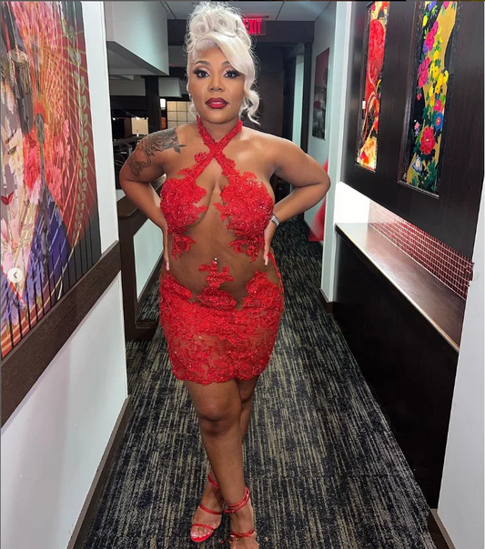 Fiery Red Sexy Homecoming Dresses Black Girls See Through Tulle Glitter Rhinestone Applique Graduation Gowns Backless Dress