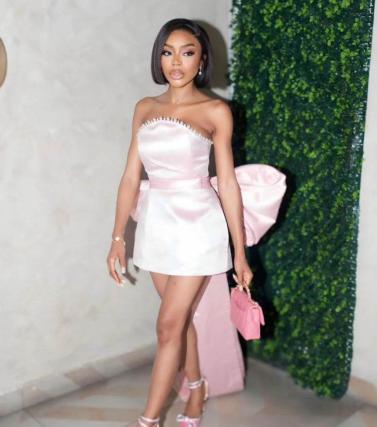 Pink Bow Homecoming Dress Short Prom Dress Strapless Birthday Party Dress Mini Evening Party Dress