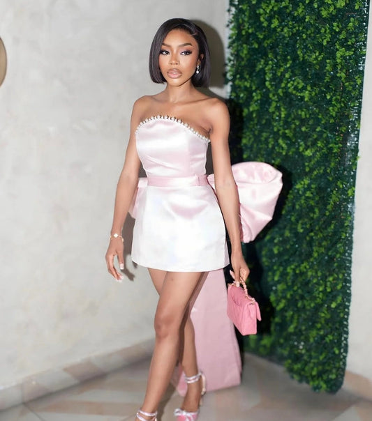 Pink Bow Homecoming Dress Short Prom Dress Strapless Birthday Party Dress Mini Evening Party Dress