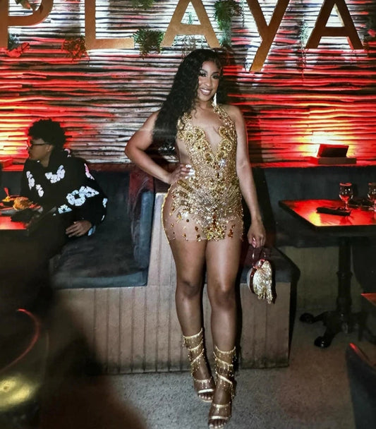 Gold Halter Short Prom Dress For Black Girls Beaded Crystal Rhinestone Birthday Party Gown Mermaid Mini Cocktail Homecoming