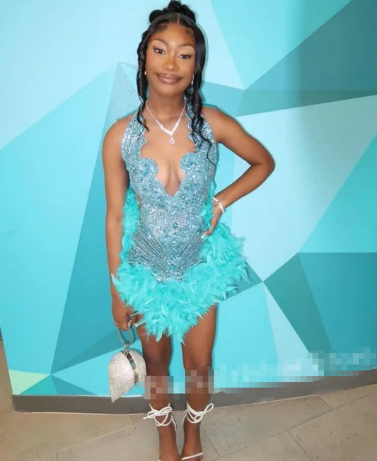 Luxury Feather Diamante Short Homecoming Prom Dress For Black Girls Glitter Beaded Mini Dress Birthday Party