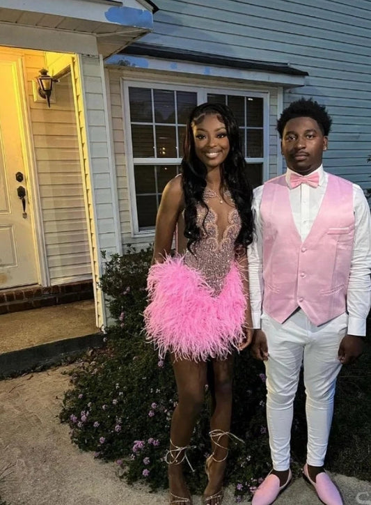 Luxury Peach Pink Short Homecoming Prom Dress Glitter Crystal Rhinestone Feather Black Girls Birthday Party